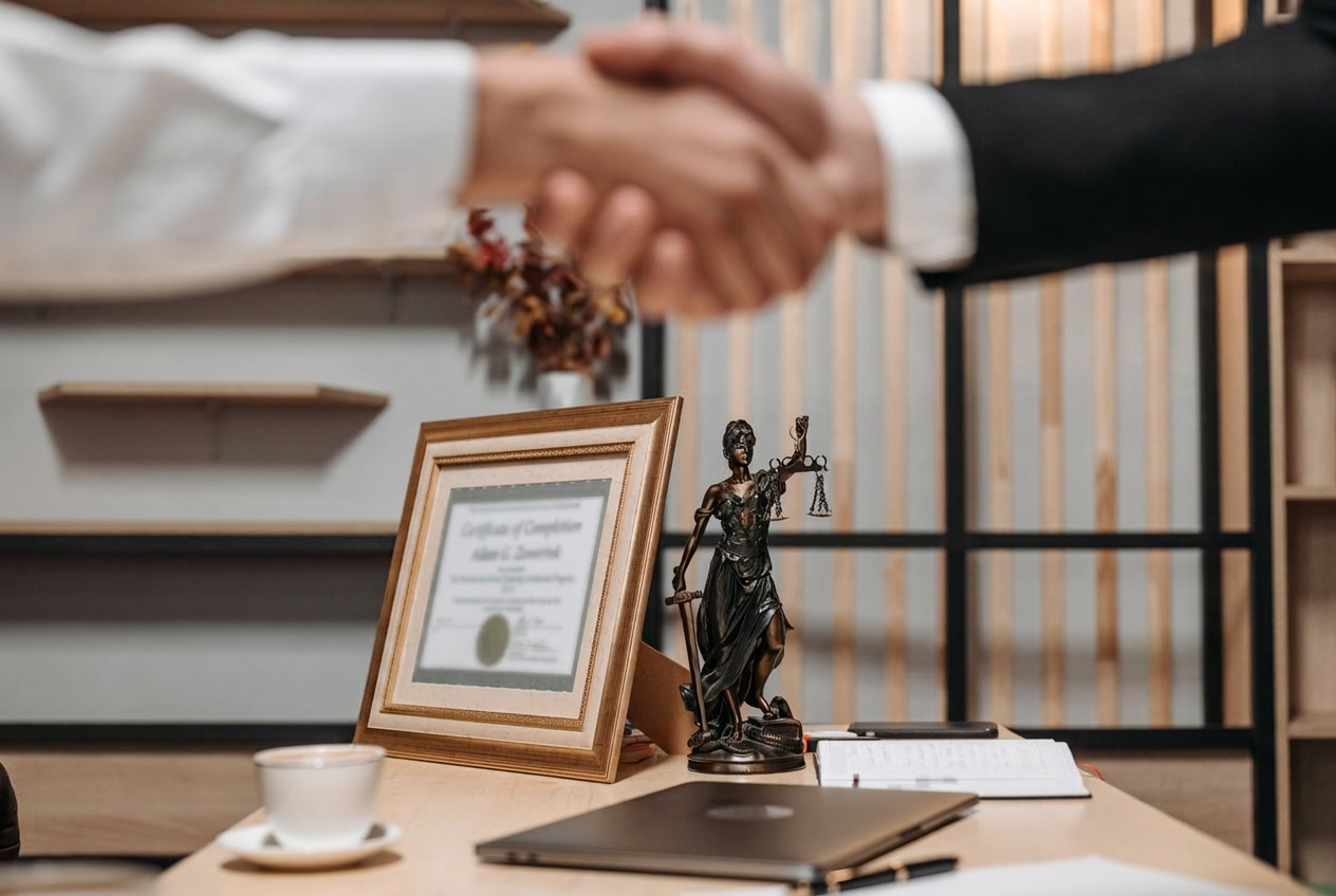 A handshake between legal professionals in a refined law office, with a Lady Justice statue and legal certificate in the foreground
